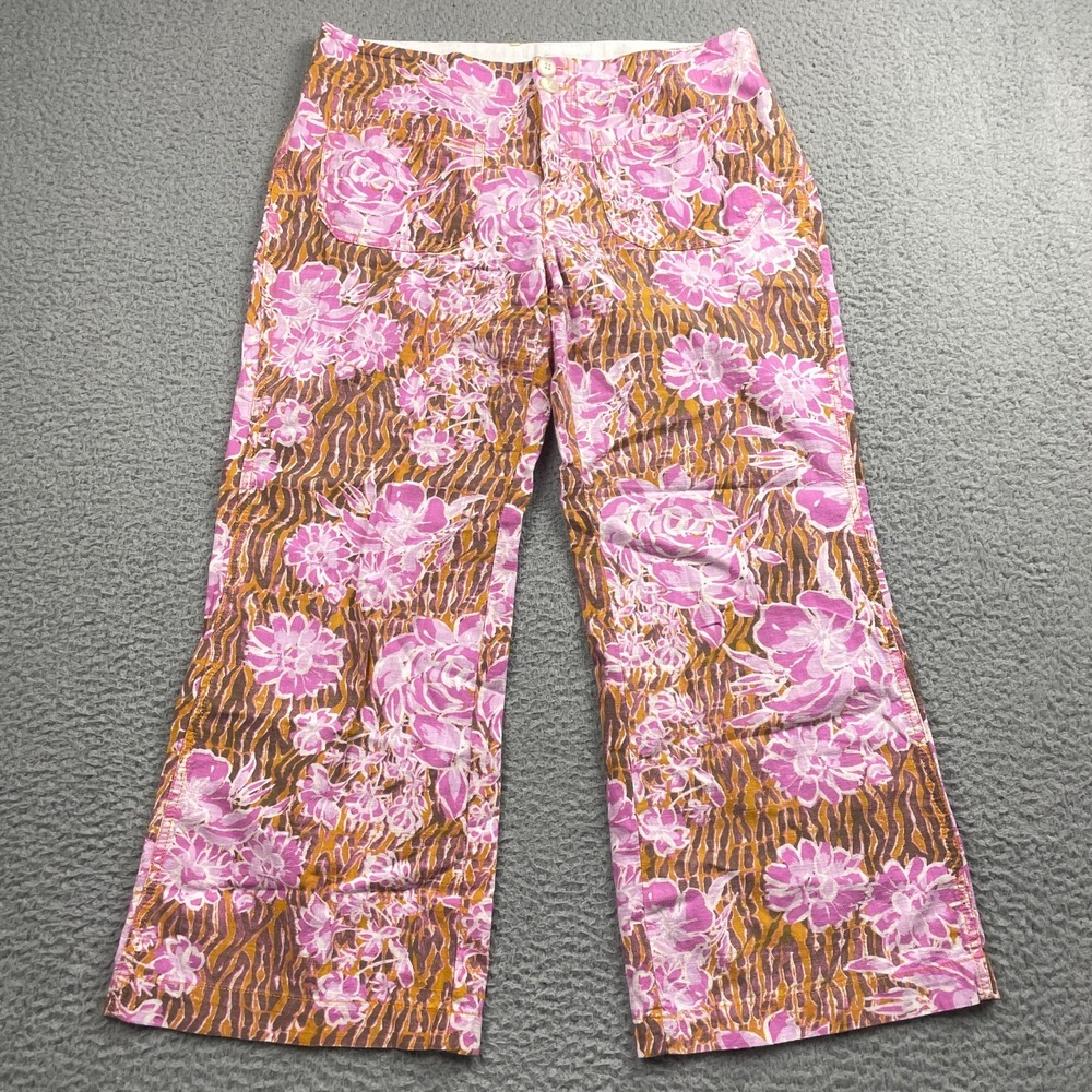 Free People Pants Womens 4 Brown Pink Maui Crop Flare Trousers Hawaiian Floral